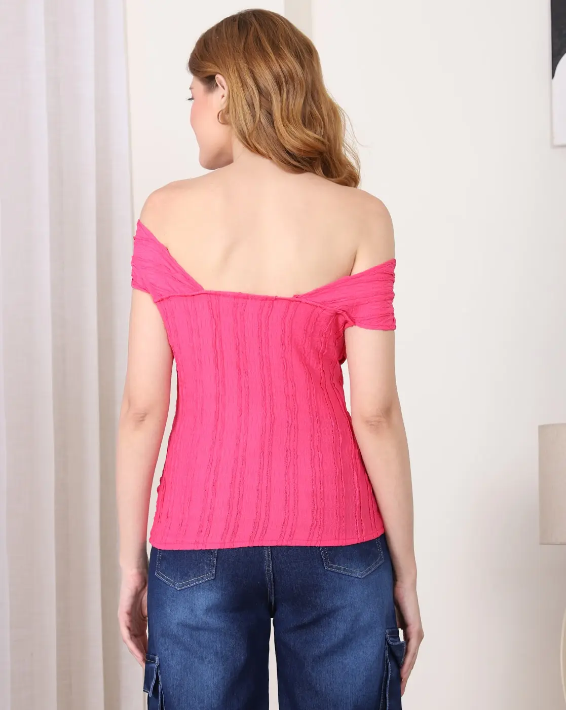 Cross-Shoulder Slim Top - Pink