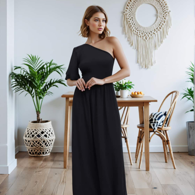 One-Shoulder Angel Sleeve Flare Dress
