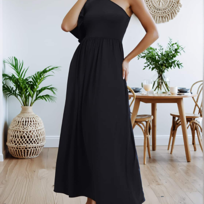 One-Shoulder Angel Sleeve Flare Dress
