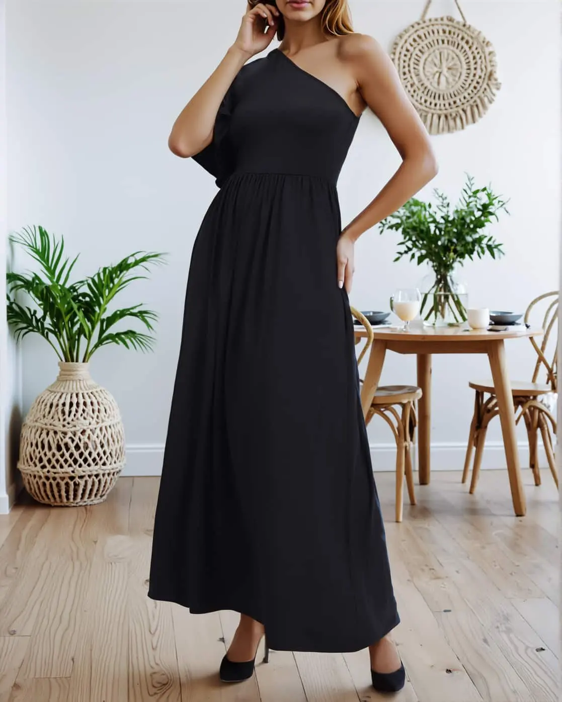One-Shoulder Angel Sleeve Flare Dress