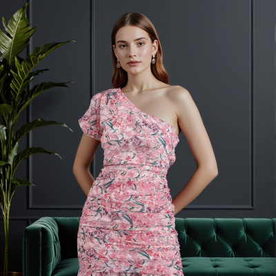 One-Shoulder Ruched Floral Bodycon Dress